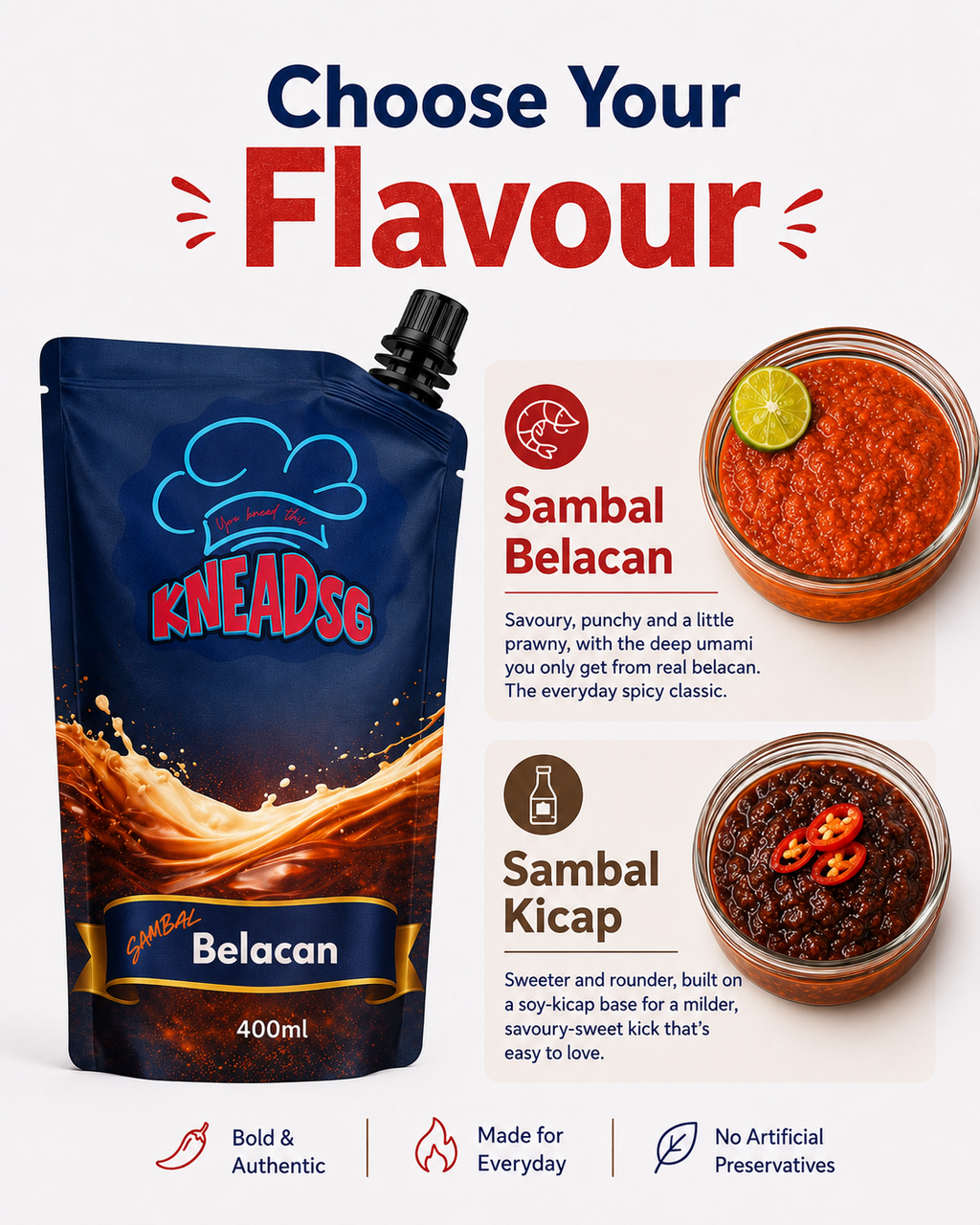 KneadSG sambal flavour guide — spicy-tangy Belacan vs sweet-spicy Kicap