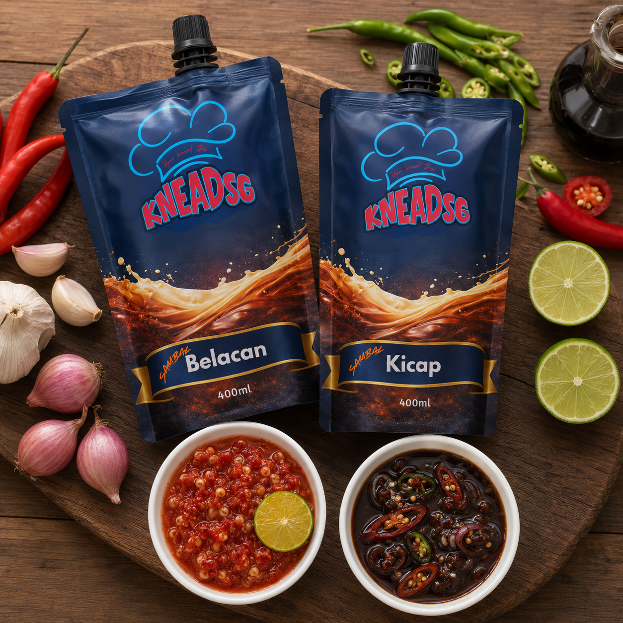 KneadSG Sambal Belacan and Kicap pouches with fresh chillies, garlic, shallots and lime