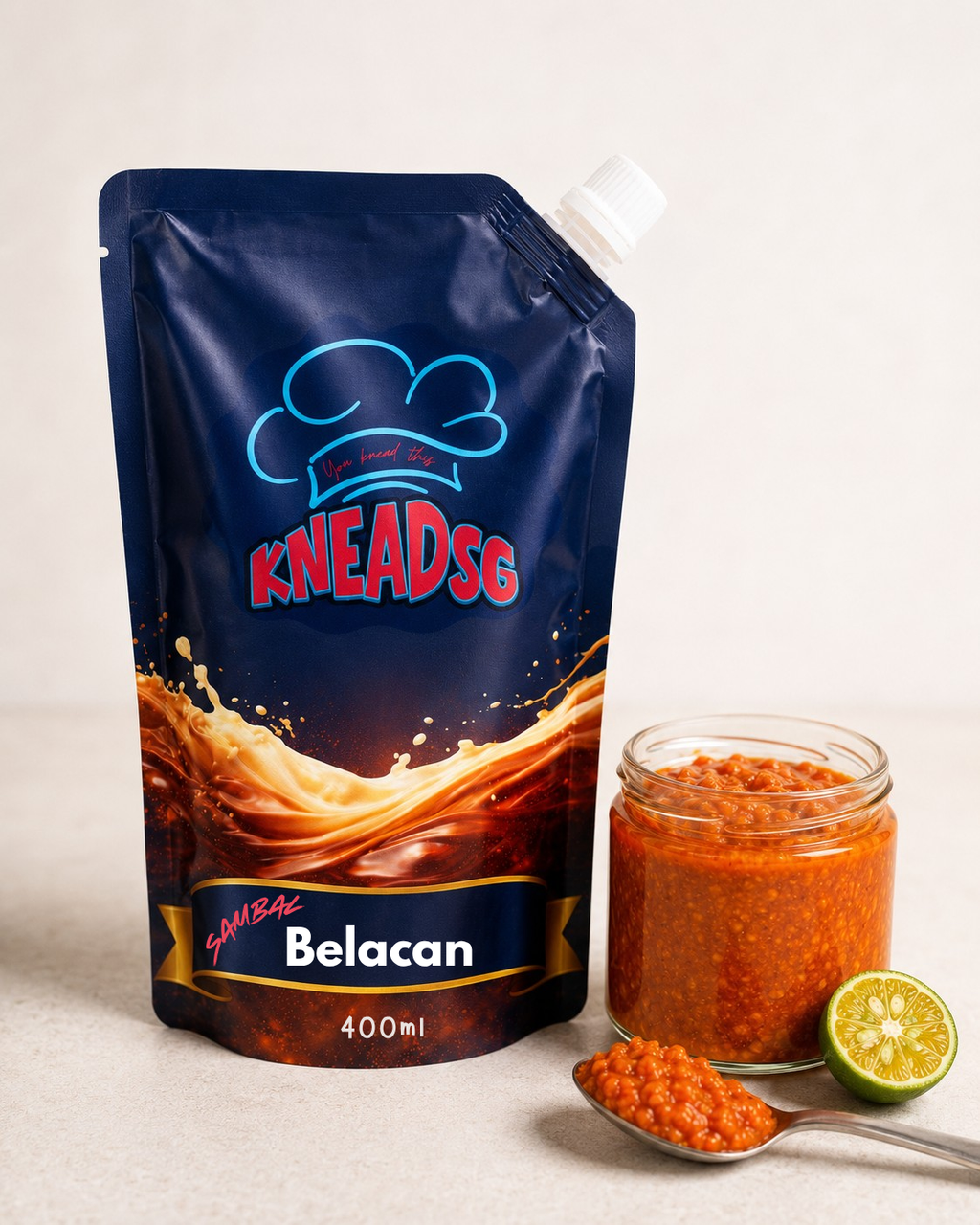 KneadSG Sambal Belacan pouch beside a jar of red chilli sambal