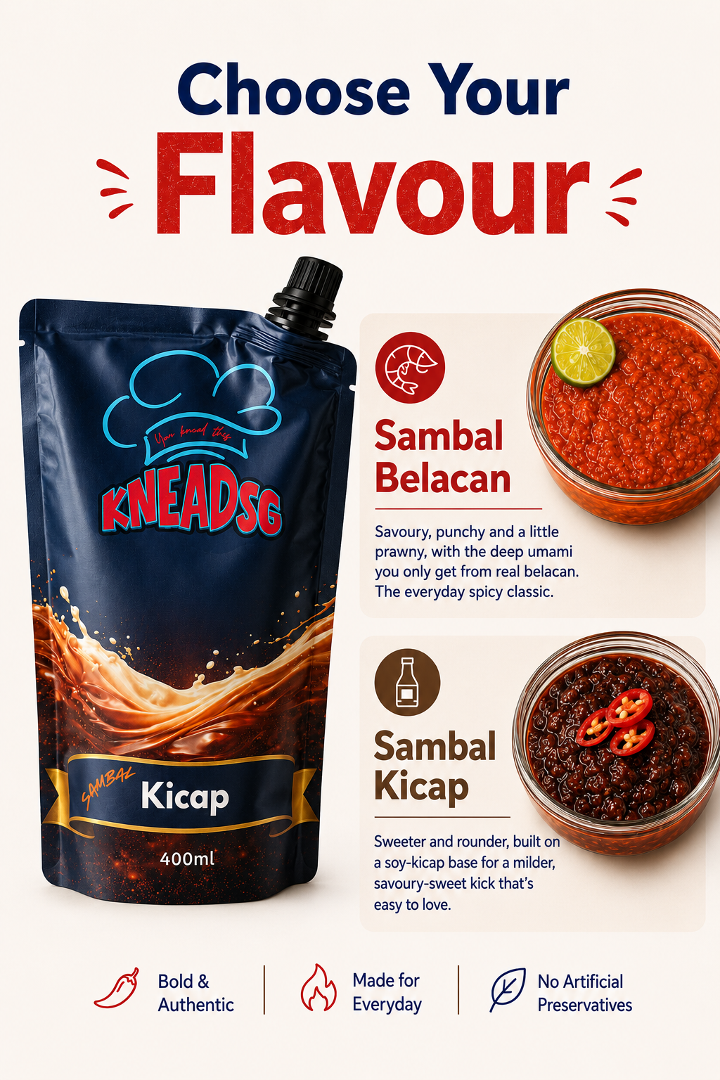 KneadSG sambal flavour guide — sweet-spicy Kicap vs spicy-tangy Belacan