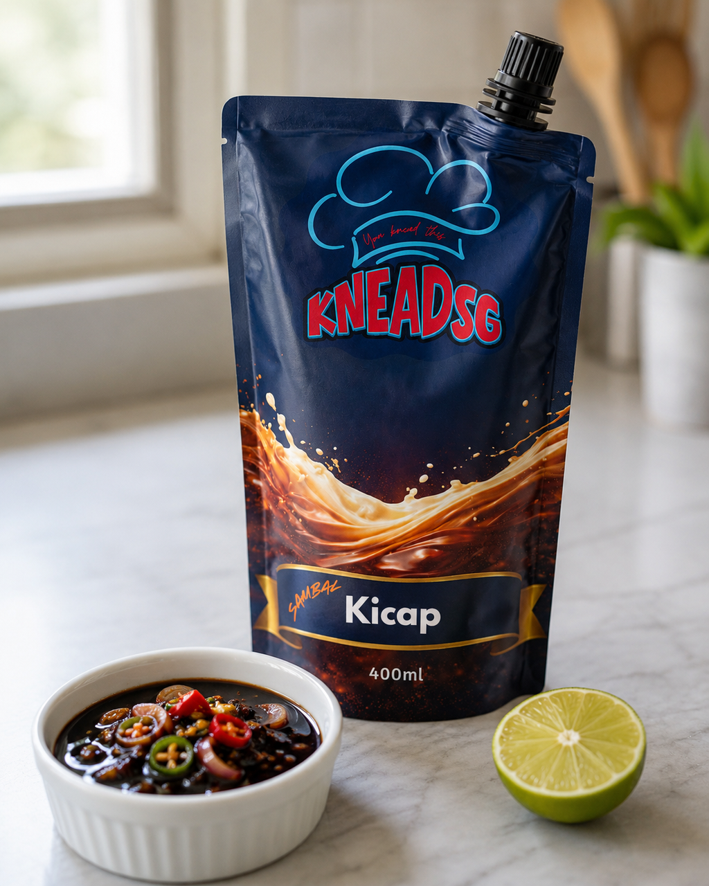 KneadSG Sambal Kicap pouch beside a bowl of dark sweet-soy sambal for dipping
